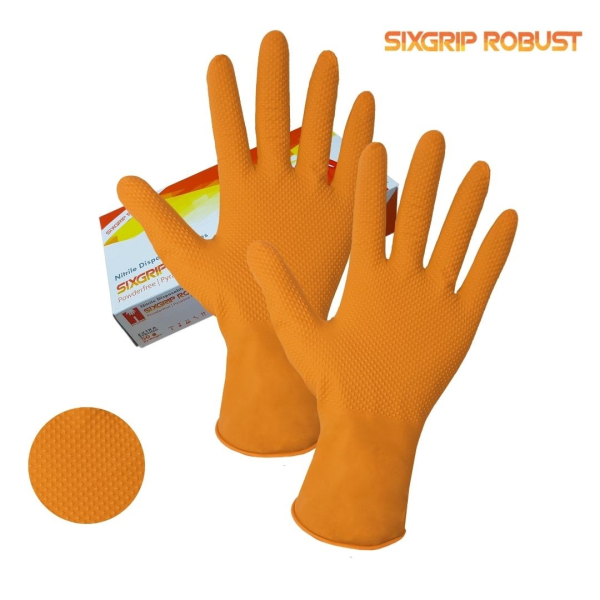 Restposten-Abverkauf – wegen Verpackungsaustausch! 50 x Nitril-Handschuhe SIX GRIP ROBUST orange